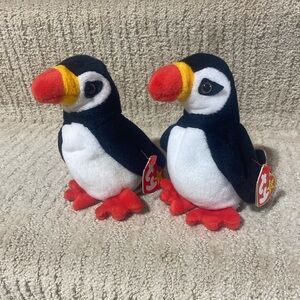 Two Ty Beanie Babies Puffer. Black, white & orange puffin. No flaws.